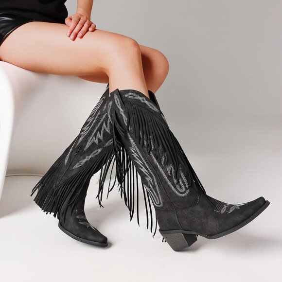 Women's Black Fringe Knee High Cowgirl Western Boots with Embroidery Pointed Toe - Picture 3 of 6